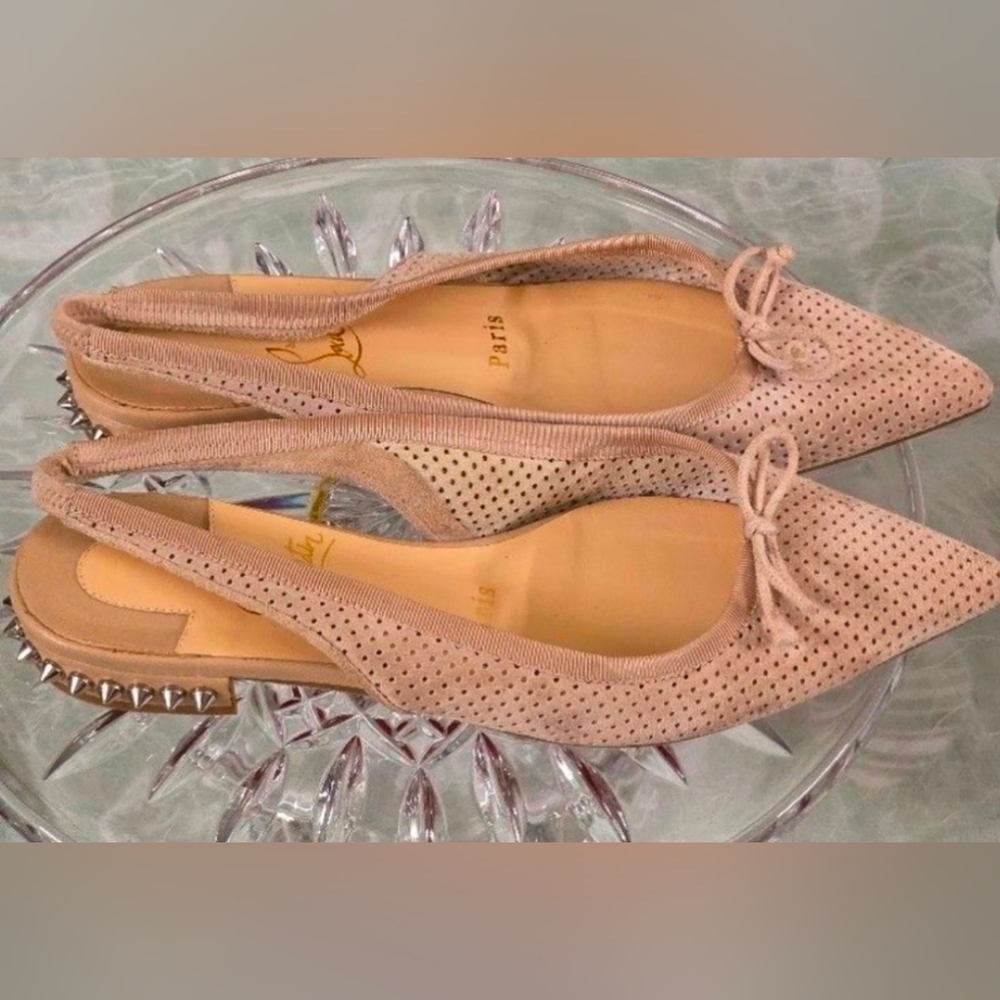 Christian Louboutin HALL SLING Spike Studded Heel Suede Flat Sandals Shoes - Picture 5 of 10